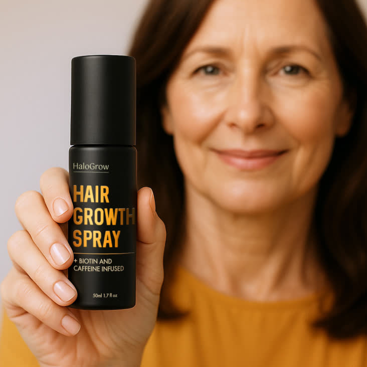 Woman happily holding HaloGrow Hair Growth Spray bottle